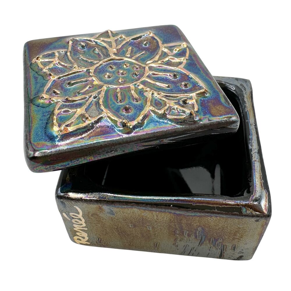 Studio Pottery Iridescent Ceramic Pill Trinket Box Floral Relief Signed Renee